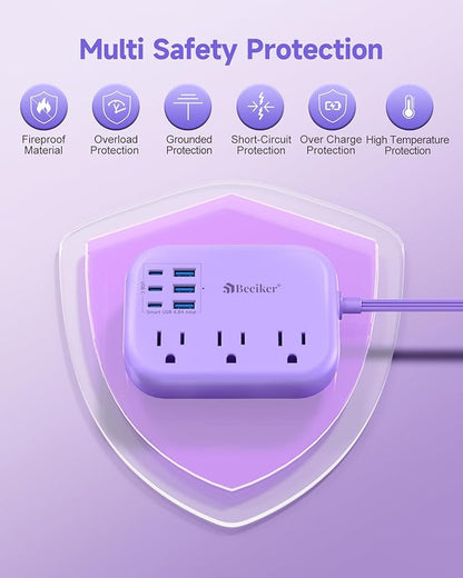 6 USB Purple Travel Power Strip- 5Ft Purple Extension Cord - Image 6