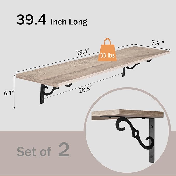 DINZI LVJ Long Wall Shelves, 39.4" Large Floating Shelves Set of 2, Farmhouse - Image 3