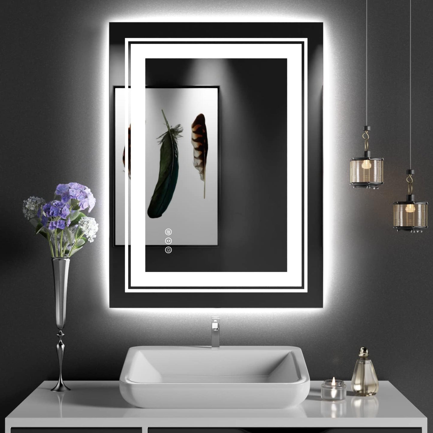 Snowdool 31x23 LED Bathroom Mirror with Front and Backlight, Dimmable Lighted Bathroom Vanity Mirror with Anti-Fog, Memory Function,Tempered Glass(Horizontal/Vertical) | Front and Backlit, Dimmable, Anti-Fog, Tempered Glass