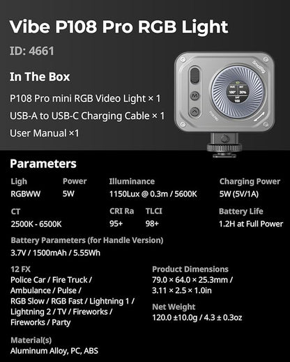 SMALLRIG Vibe P108 Pro RGB Video Light, Portable Led Camera Light - Image 9