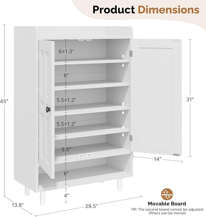 Farmhouse Shoe Cabinet with Doors, 6-Tier Wooden Shoe Organizer with Adjustable - Image 2