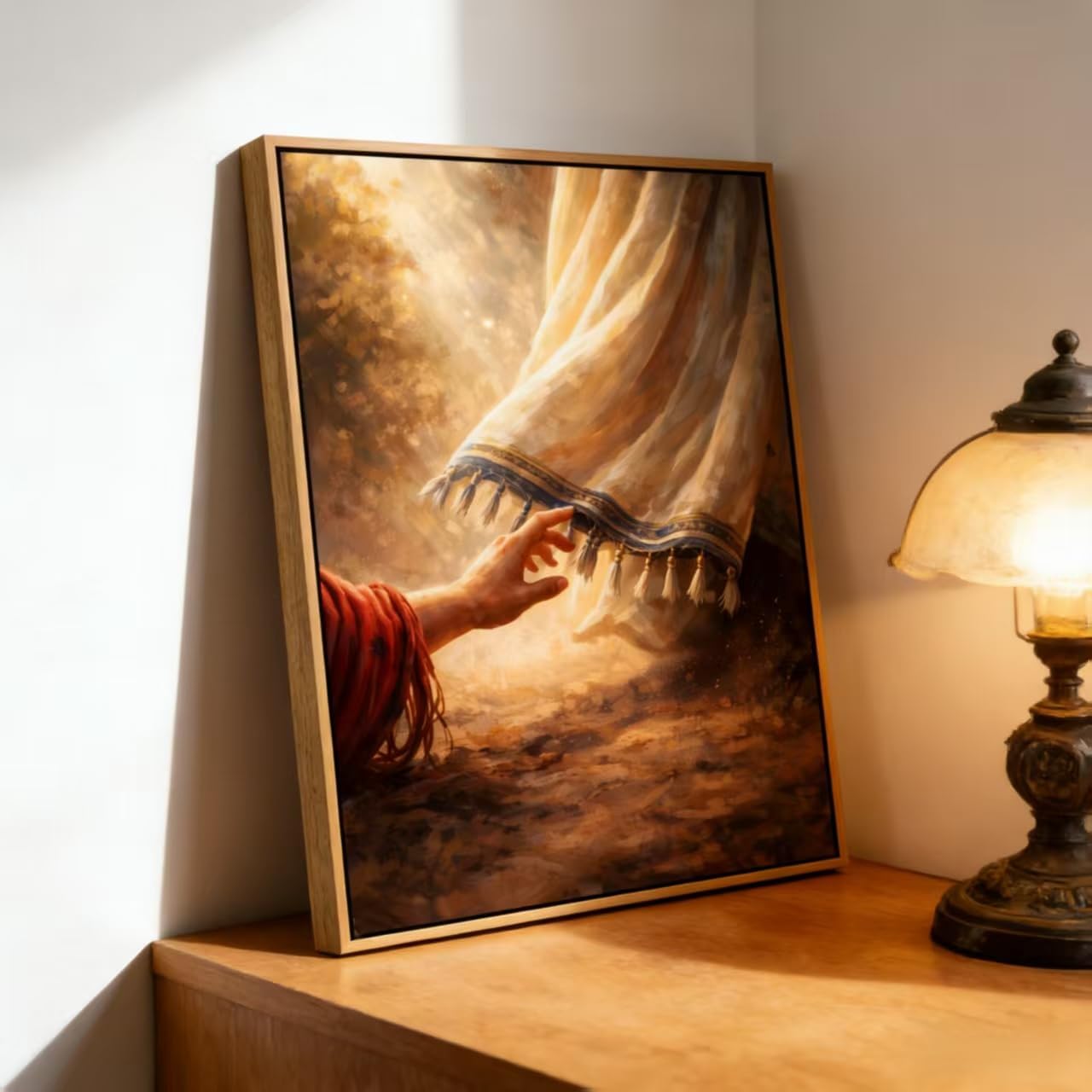 Framed Jesus Canvas Wall Art,Touching the Hem of His Garment Wall Decor Picture, Jesus Healing Christian Poster Print, for Bedroom Living Room Church Decoration