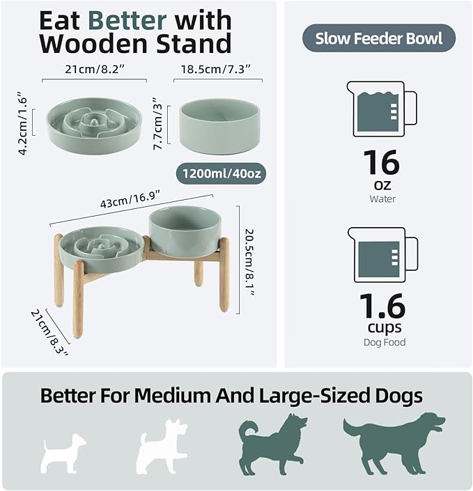 Ceramic Raised Slow Feeder Dog Bowl Set, Elevated 7.3inch Bowl and 8.2inch - Image 2