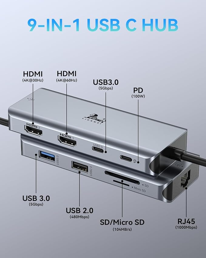 LIONWEI 9 in 1 Laptop Docking Station, Dual HDMI, 100W PD, USB C 3.0, USB C Hub - Image 7