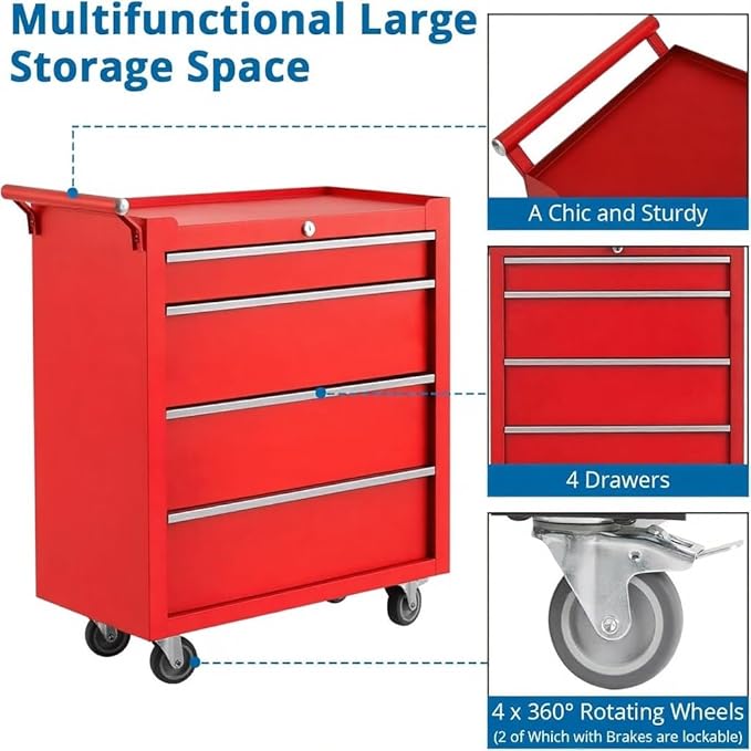 IDEALHOUSE Rolling Tool Chest, 4 Drawers Tool Storage Cabinet, Toolbox - Image 4