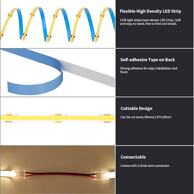 BUNACET 80FT/24m COB LED Strip Light Warm White Dimmable 6500K High Lumen CRI - Image 6