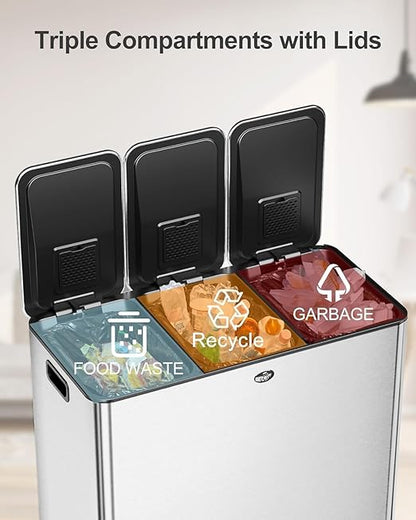Garvee Trash Can, 15.9 gal Triple Compartments Stainless Steel Kitchen Trash Can - Image 2