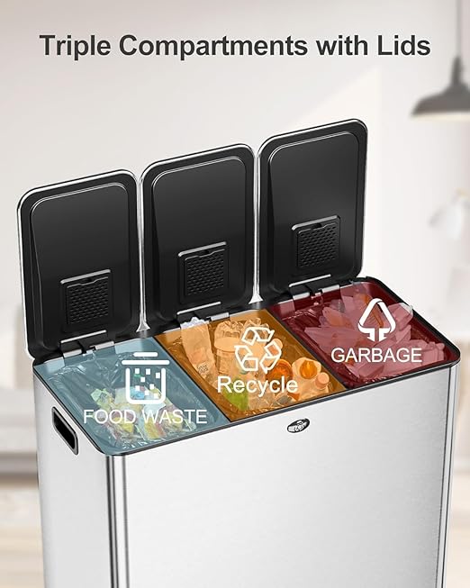Garvee Trash Can, 24 gal Triple Compartments Stainless Steel Kitchen Trash Can - Image 3