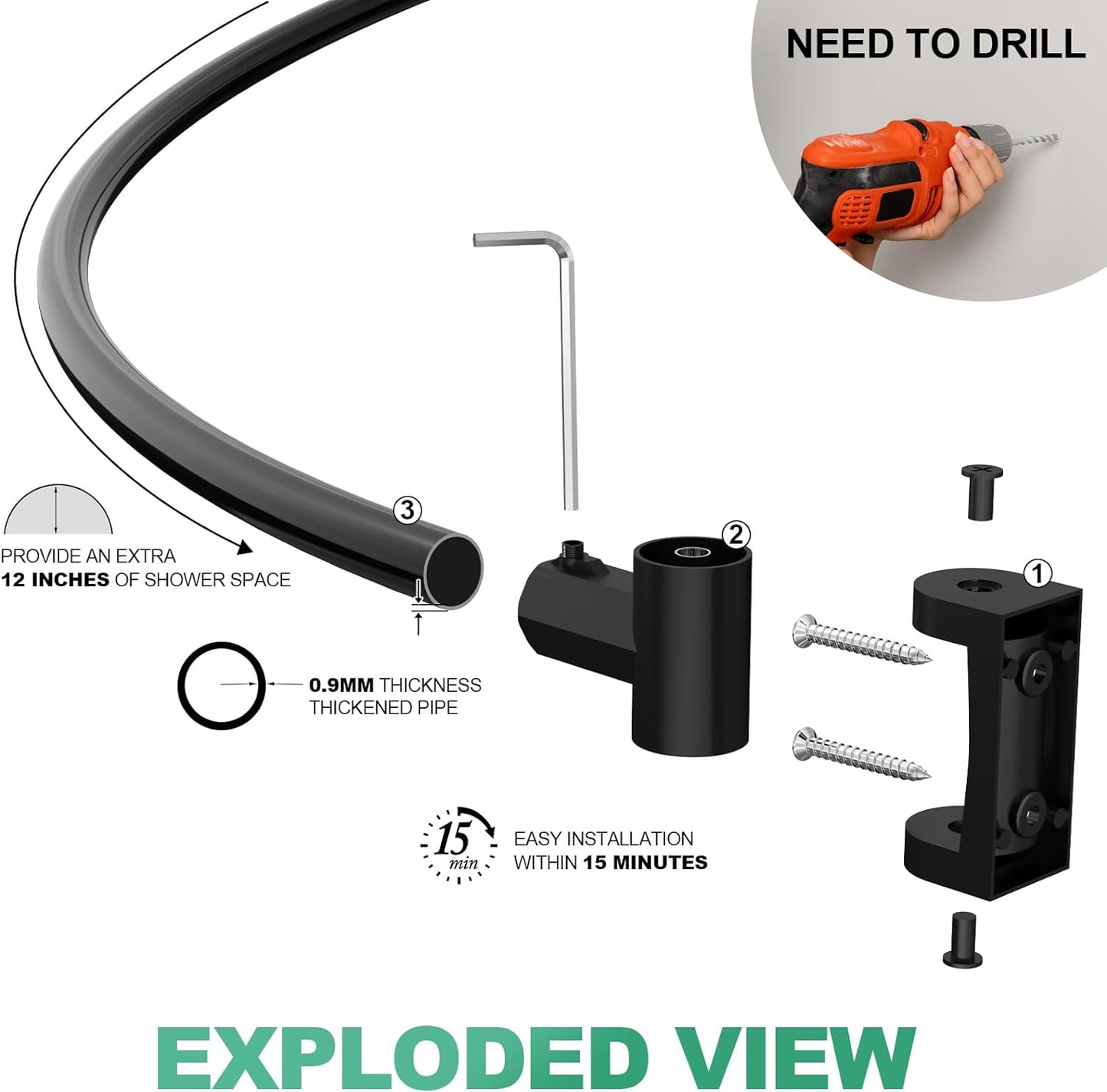 Curved Shower Curtain Rod For Bathroom, 38-72 Inches Adjustable, Black | Need To Drill, Easy Installation, 0.9MM thickness, Rotate Bracket For Extra 30% Large Shower Space, Round Shower Rod