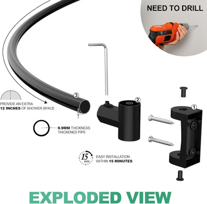 Curved Shower Curtain Rod For Bathroom, 38-72 Inches Adjustable, Black | Need To Drill, Easy Installation, 0.9MM thickness, Rotate Bracket For Extra 30% Large Shower Space, Round Shower Rod
