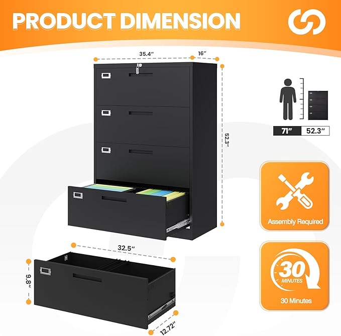 4 Drawer File Cabinets for Home Office, Metal Filing Cabinet - Image 3