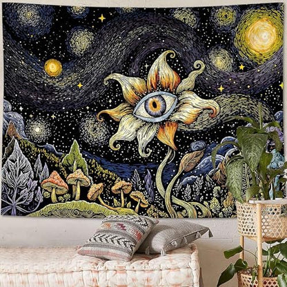 Yeoiat Tapestry Cosmic Flower Tapestries Mushroom Landscape Wall Hanging Starry Night Visionary Botanical Art Decor Bedroom Dormitory 48"x36"