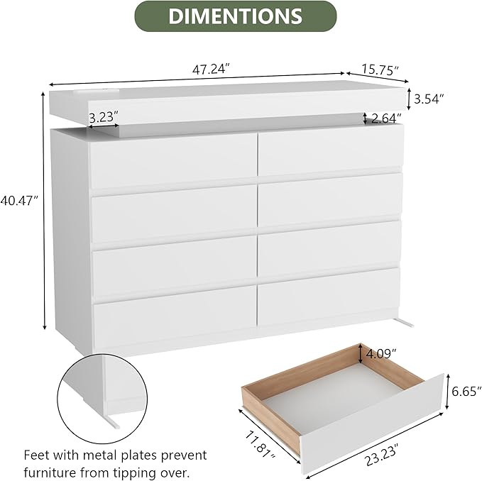 8 Drawer Dresser with Power Outlet, Dresser with LED Light, Modern Chest of - Image 2