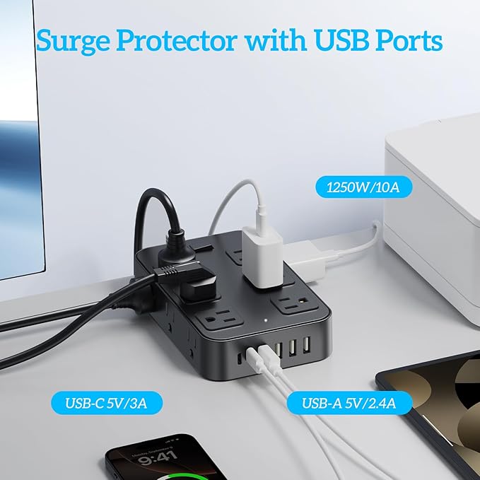 Solidock Flat Plug Power Strip Surge Protector 5 Ft Extension Cord - Image 4