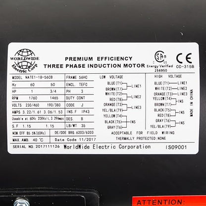 1 HP 3 Phase 56C Frame Electric Motor 1800 RPM TEFC 208-230/460V C-Face - Image 6