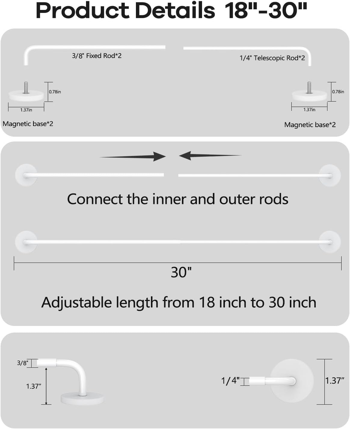 2 Pack Magnetic Curtain Rods for Metal Door, Adjustable 18 to 30 Inch Curtain Rod, 3/8" Diameter Magnet Rods for French Doors Window Cafe(White, 2Pack)