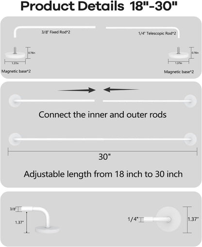 2 Pack Magnetic Curtain Rods for Metal Door, Adjustable 18 to 30 Inch Curtain Rod, 3/8" Diameter Magnet Rods for French Doors Window Cafe(White, 2Pack)