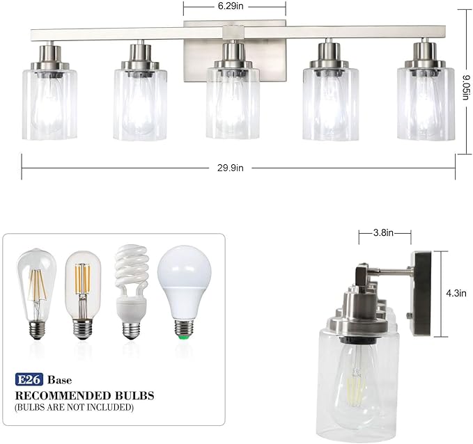 DIKAIDA Bathroom Vanity Light, 5-Light Nickel Modern Matte Wall Sconce Lighting - Image 4