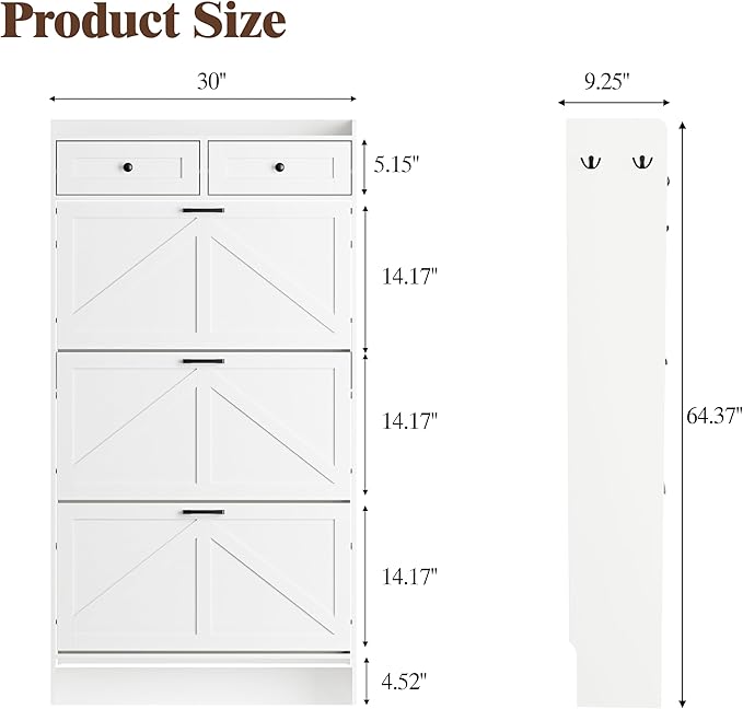 Shoe Cabinet with 3 Flip Drawers & 2 Storage Drawers, Rustic Farmhouse Narrow - Image 2
