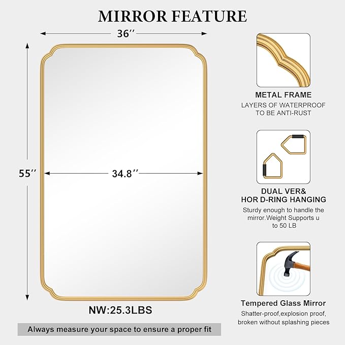 55X36 Inch Gold Metal Framed Bathroom Mirror - Image 4
