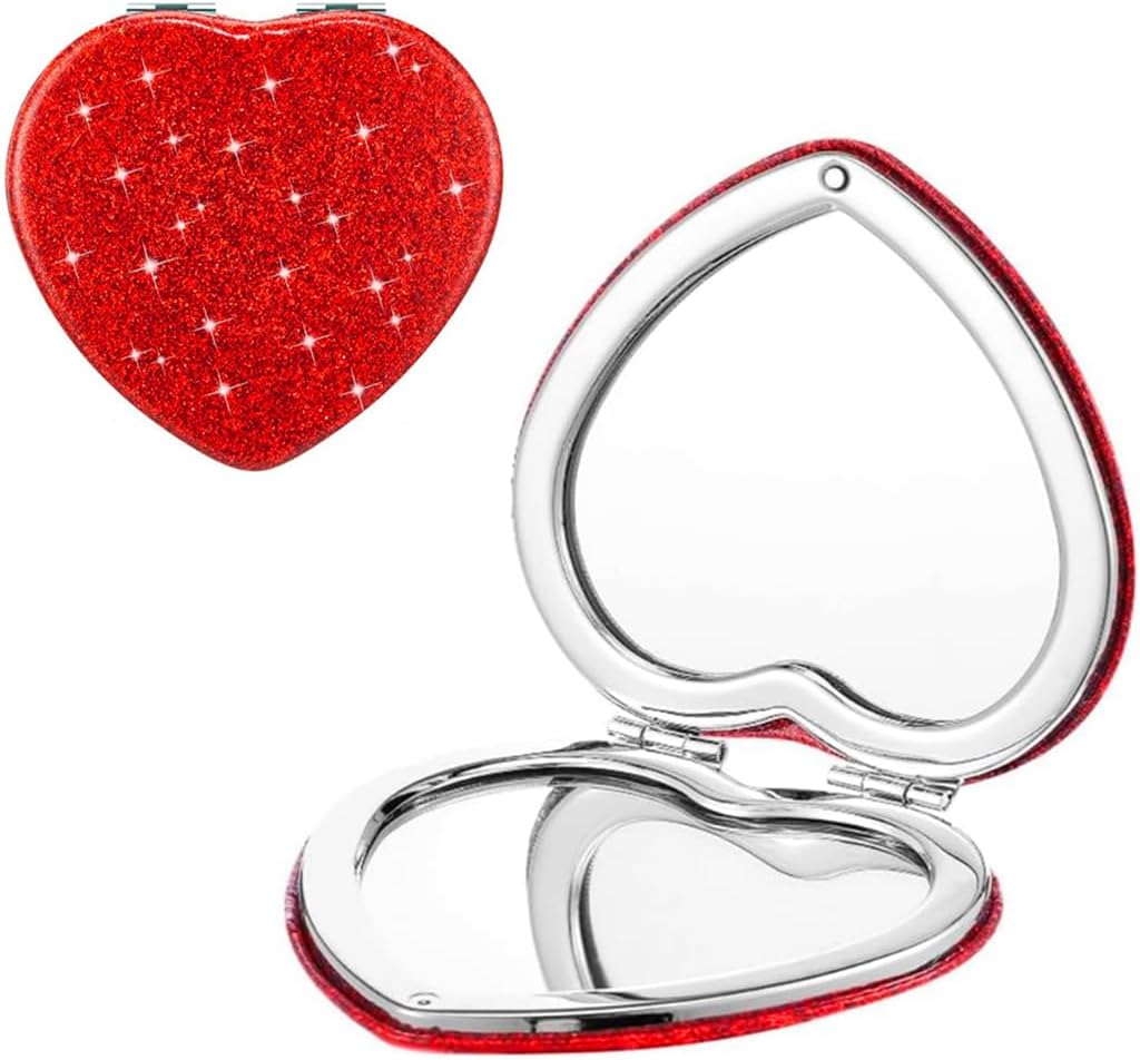 Red Heart Shaped Compact Mirror for Purse,1x/2x Magnification Cute Travel Mirror with Glitter,2.76 inch Double-Sided Mini Folding Mirror,Small Pocket Mirror for Gift,Travel Essentials