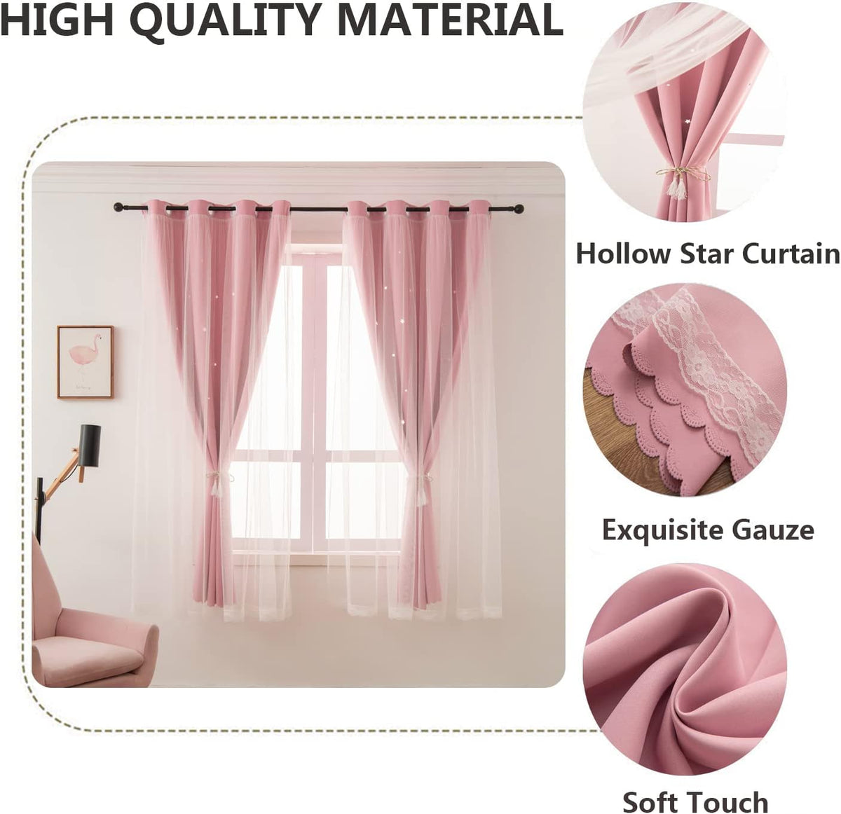 Girls Curtains for Living Room Bedroom Curtain Double Layer Blackout Curtains 63 Inch Length Star Cutout Pink Curtain Window Drapes for Nursery (Pink, 42W x 63L,2 Panels)