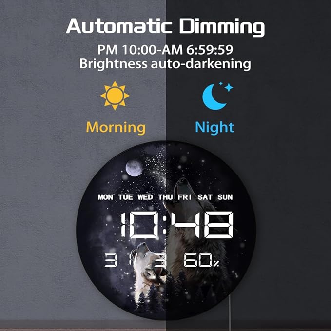 Timethink 12'' Full Moon Howling Wolves Digital Wall Clock Large Display - Image 5