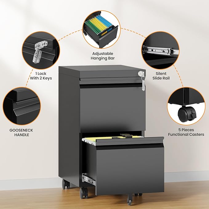 2 Drawer File Cabinet with Lock, Rolling File Cabinets - Image 6