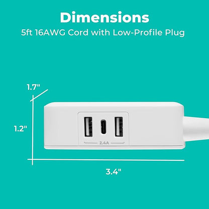 KMC 2-Outlet Mini Surge Protector Power Strip, 1 USB-C & 2 USB-A Ports - Image 3