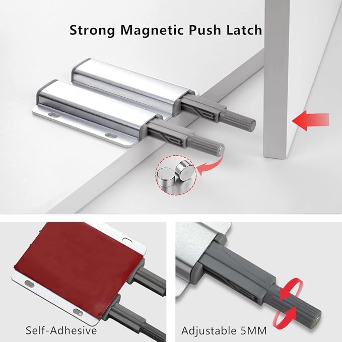Double Push to Open Door Latch, 5 Pack Magnetic Push Latches, Adhesive Heavy - Image 2