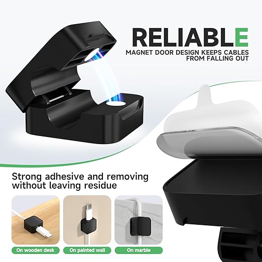 12 Black Magnetic Cable Clips, Under Desk Cable Management, Cord Holder - Image 5