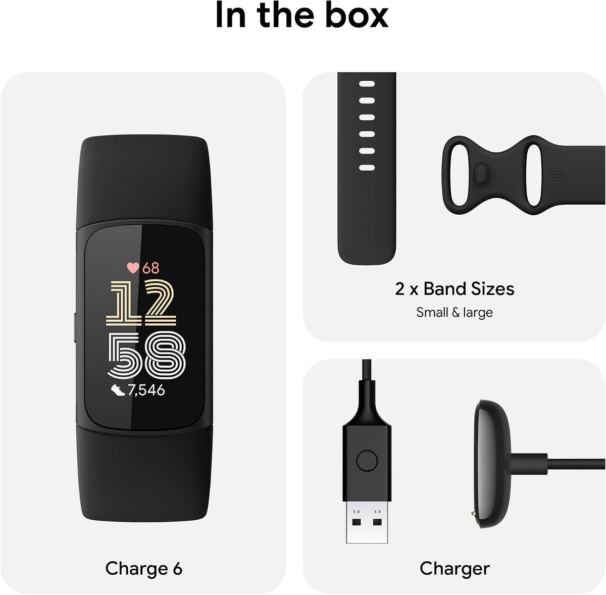 fitbit charge 6 fitness tracker with heart rate, package contents
