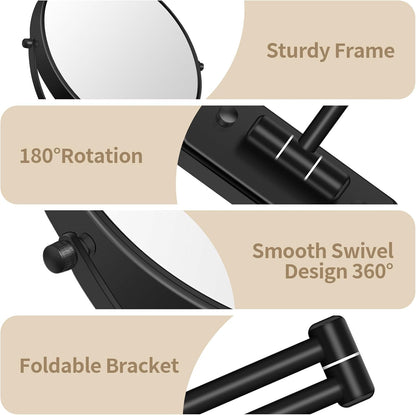 BTremary 8” Wall Mounted Magnifying Makeup Mirror 1X/7X Wall Mount Mirror Swing Arm Two-Sided 360° Swivel Bathroom Shaving Mirror for Men and Women in Hotel/Home, Black
