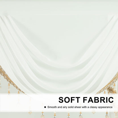 White Sheer Voile Waterfall Valance, Vintage Swag with Beaded Tassels, Extra Wide 138-Inch Window Curtain for French Doors, Bay Windows & Wedding Decor, 43" Drop