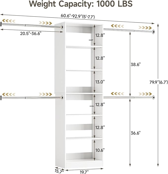W1 Closet System, 3.5FT-7.7FT Closet Organizer System - Image 3