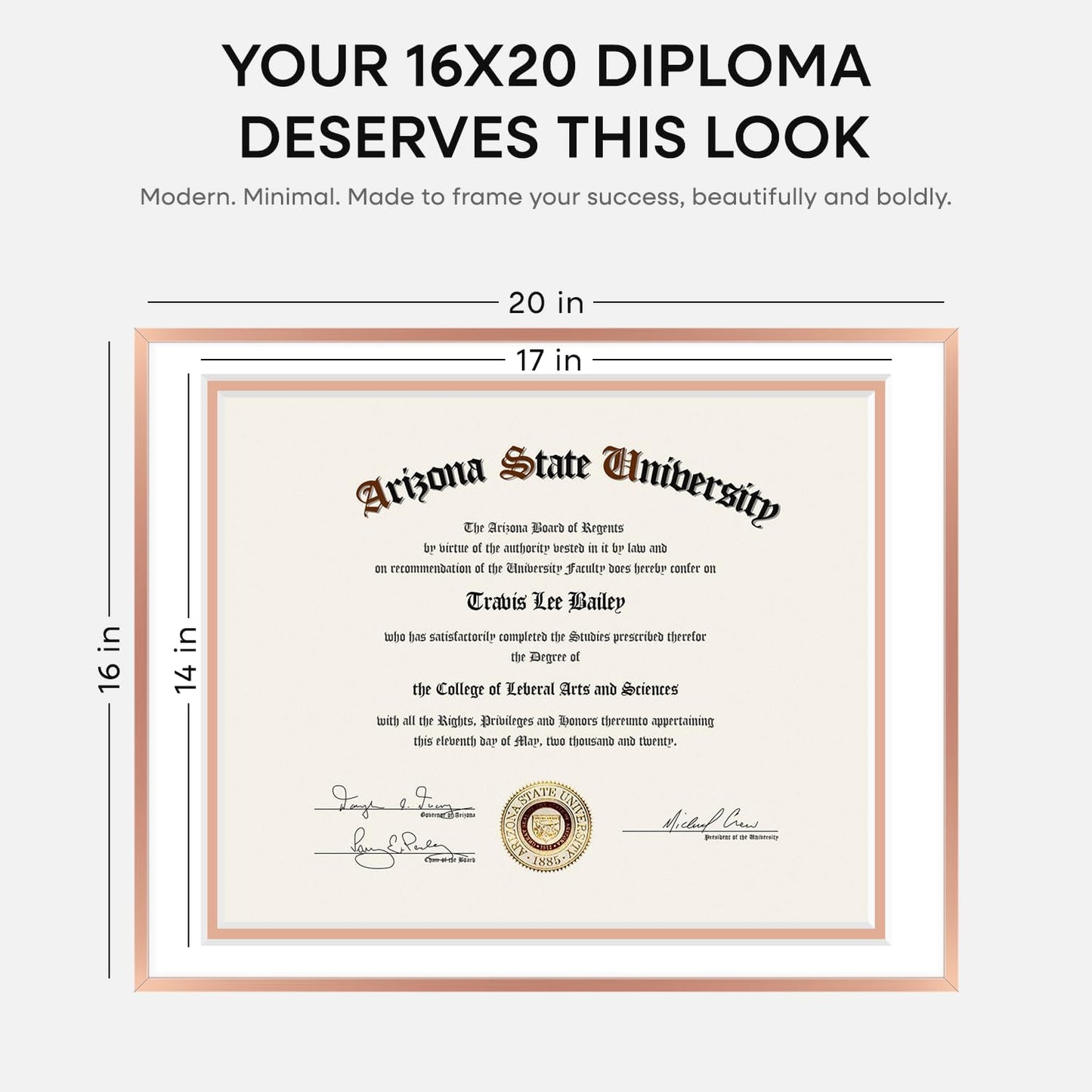 16x20 Rose Diploma Frame, High-End Metal, 14x17 Mat, Glass | High End Aluminum, Tempered Glass, Acid-Free 14x17 Removable Mat, 16x20 Edge-to-Edge Display 20x16, Wall Kit, Set Of 1