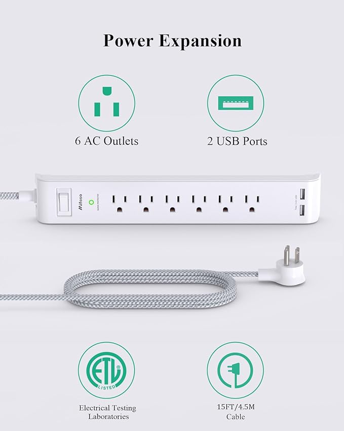 2 Pack Power Strip - 15FT Long Extension Cord - Image 2