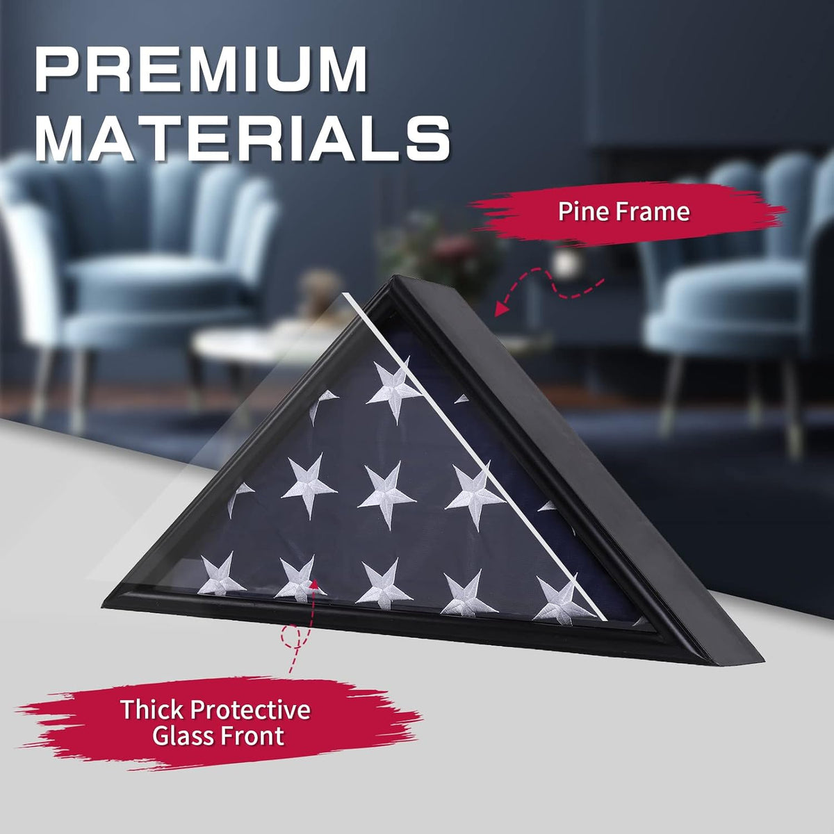 Burial Flag Display Case Fits 5'x9.5' Flag, Thin Bottom Edge Military Flag Box with Glass Front for American Veteran Flag, Wooden Memorial Folded Flag Case Shadow Box (Black)