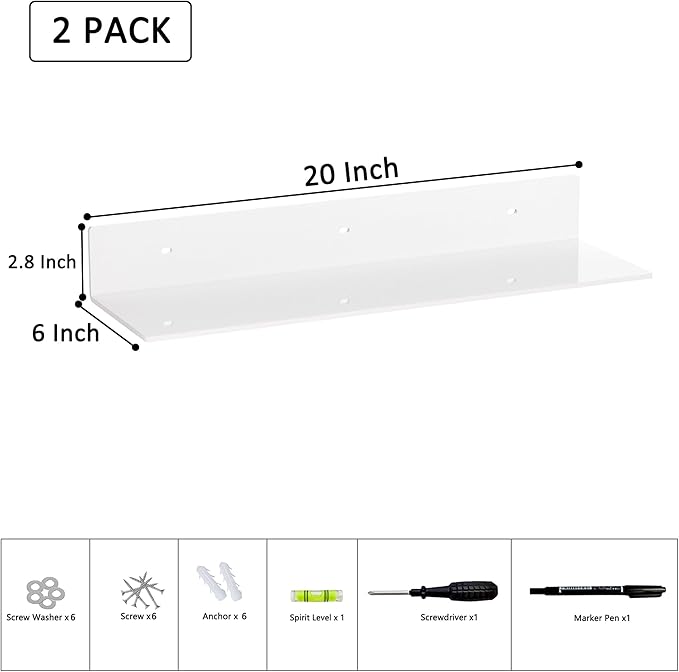 20 Inches Acrylic Wall Shelves 2 Pack, Floating Shelf - Image 3