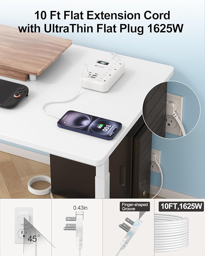 Beeiker 6 USB Surge Protector Power Strip- 10 Ft Extension Cord - Image 3