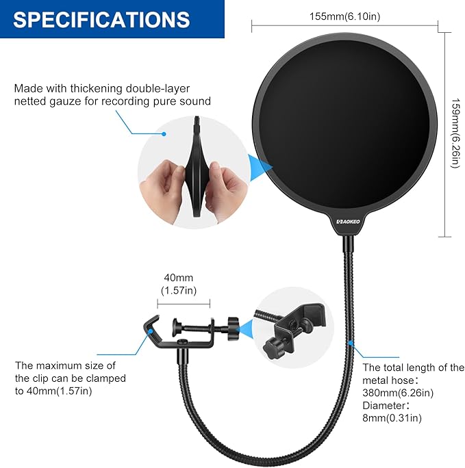 Aokeo Professional Microphone Pop Filter Mask Shield - Image 6