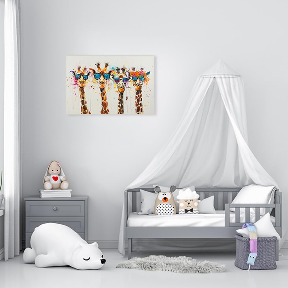 Ypxzzj Framed Cute Giraffes Canvas Wall Art Colorful Animal Posters Prints Pictures Wall Decor Modern Graffiti Painting Artwork for Living Room Bathroom Decor Ready to Hang(36''x24'')
