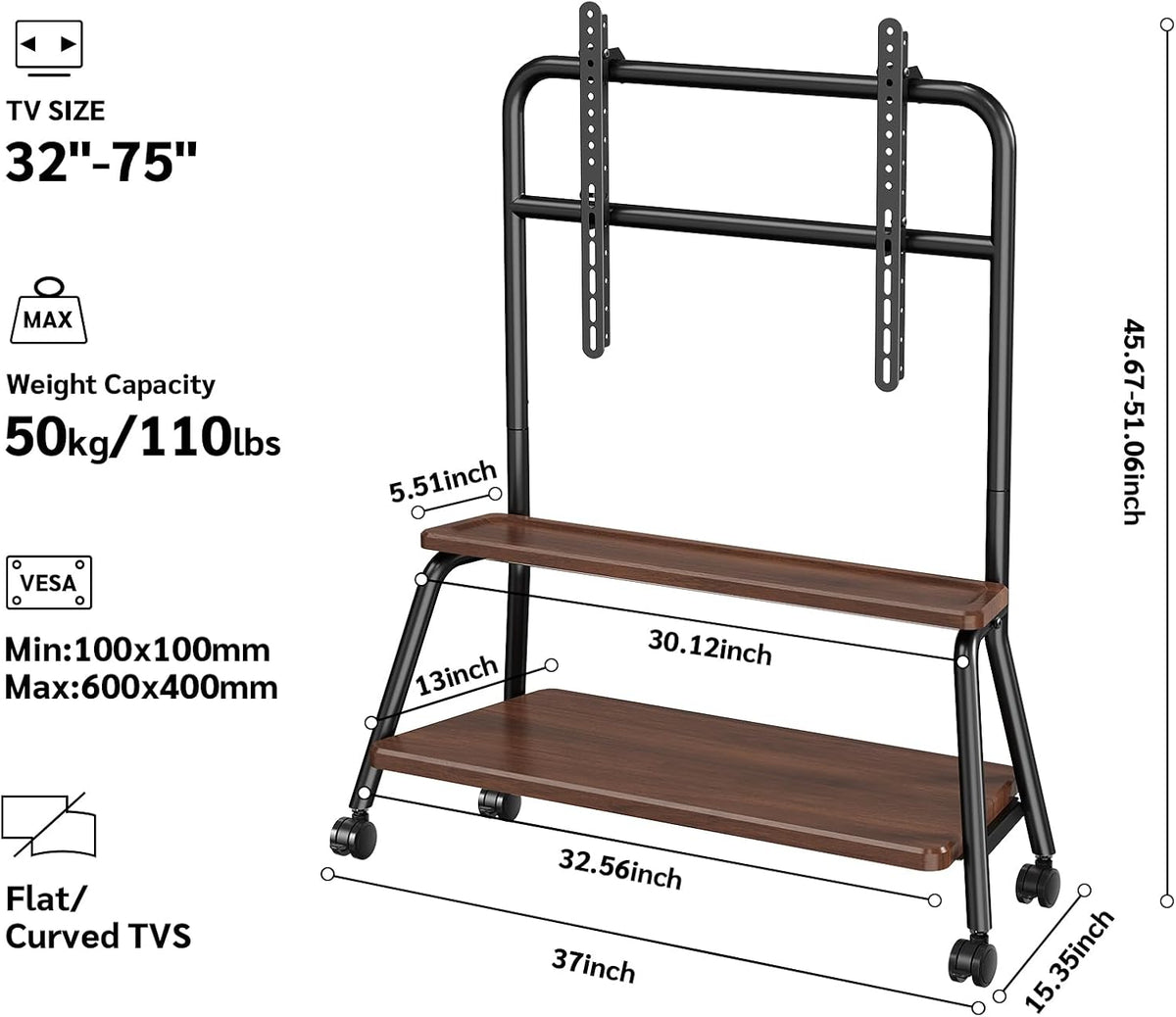 Mobile TV Stand on Wheels, Heavy-Duty Rolling TV Cart for 32-75 Inch TVs (Wal...