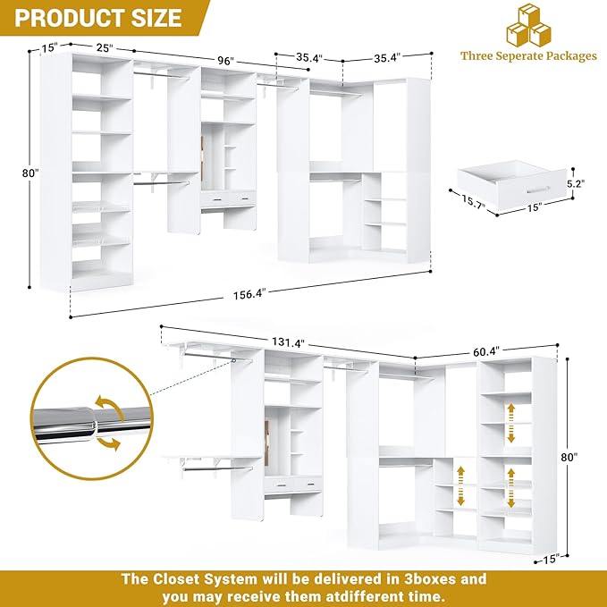 Unikito Closet System with Vanity Desk, 156”Modular Corner Closet Organizer - Image 7