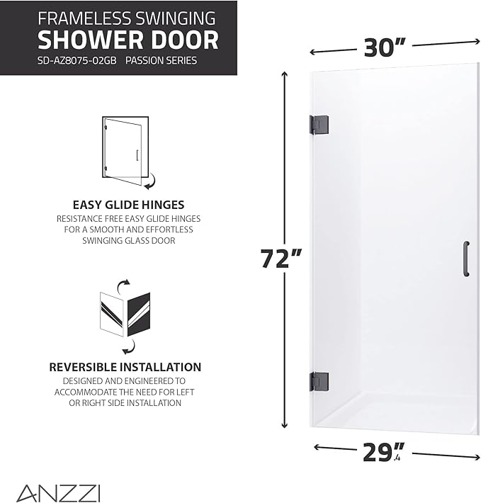 ANZZI 72" x 30" Frameless Shower Door in Gun Metal Black, Passion Water - Image 2