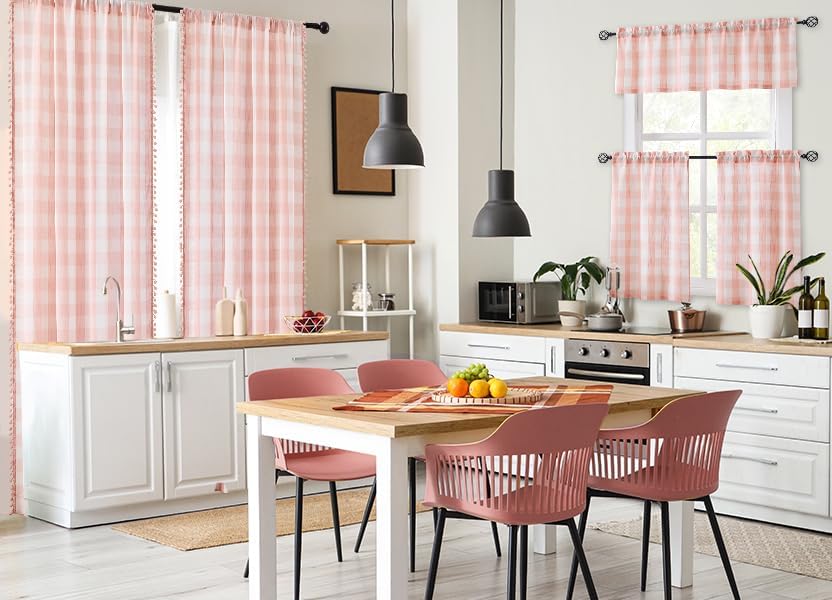 Pompom Buffalo Check Curtains Blush Pink and White Plaid Window Treatment Set for Kitchen Living Room, Dinning, 95 inch Rustic Farmhouse Curtain Drapes for Kids Dorm 42"x95" 2pcs Rod Pocket, Coral