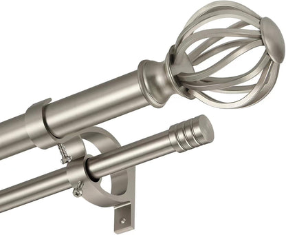 Double Curtain Rods for Window 36-72", Brushed Nickel Double Curtain Rods with Round Cage & Barrel Finials, Adjustable Double Rod Curtain Rod, 1-Inch Front and 5/8 Inch Back Double Drapery Rod