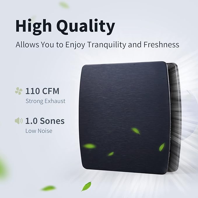 Zeyzer Black Bathroom Fan 110 CFM 1.0 Sone 5.9" Duct Square Ceiling or Wall - Image 2
