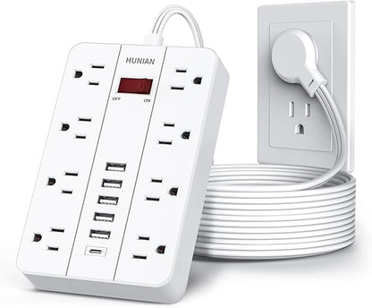 10 Ft Long Extension Cord, Power Strip Surge Protector HUNIAN Flat Plug by HUNIAN