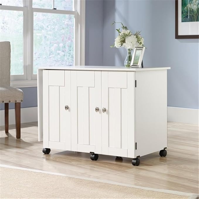 Sauder Folding SewingTable & Craft Cart Storage Cabinet, in Soft White - Image 2